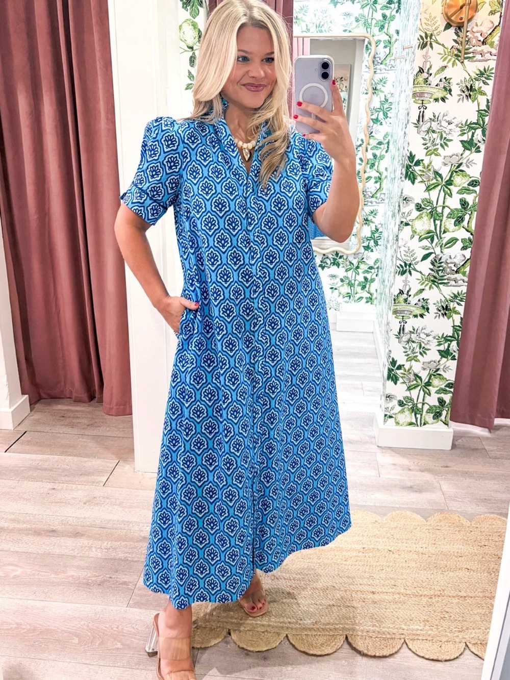 Blue Printed Short Sleeve Maxi Dress - Bright Side Midi Dress-Sapphire